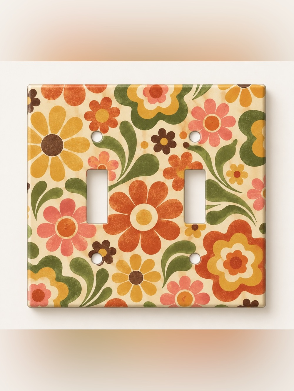 Retro Floral Double Toggle Light Switch Cover - Cream, Orange, Green